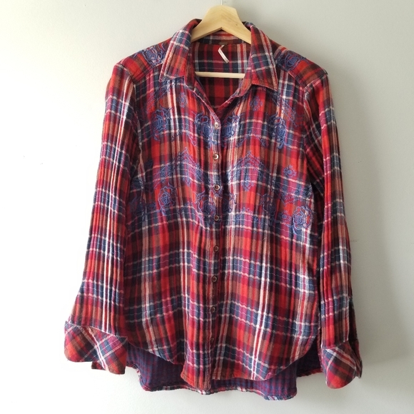 Free People Magical Plaid Embroidered Button Down Shirt Small - Picture 2 of 13